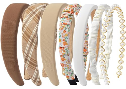 FrostyFlair Bandeaux pour femmes, 7 pièces bandeaux marron pour femmes, antidérapants, rembourrés avec motif floral et douce perle, bandeau, headband