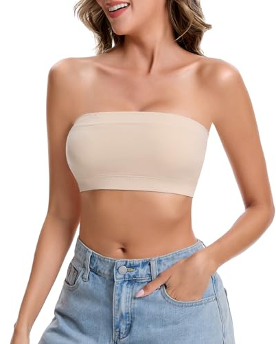 Ellareese Bandeau Bra Strapless Bra Non-Wired Comfortable Boobtube Sports Tops for Daily Wear Women Beige