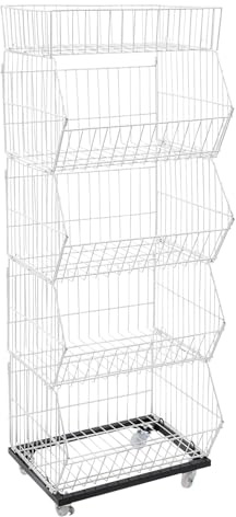 RjcdOPL 5-Tier Wire Grid Retail Display Rack, Metal Storage Basket Stand with Wheels and Lockable Casters, Heavy Duty Organiser for Fruit, Vegetables, Snacks, Shops and Supermarkets (White)