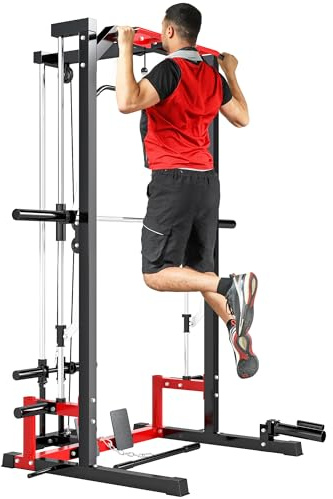 Soozier Power Cage Smith Machine, Multi-Function Power Rack with Pull Up Bar, LAT Pull Down System and Squat Rack, Barbell Bar, Plate Storage Posts, Landmine, for Home Gym