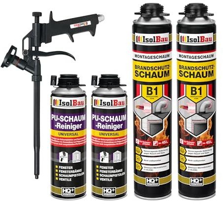 Isolbau - Bauschaum B1 - Montageschaum - PU-Schaum 2 x 750 ml - Pistolenschaum, 2 x PU-Schaum-Reiniger & 1 x Schaumpistole - 1K Brandschutzschaum - Dämmschaum - Abdichtung, Wärmedämmung