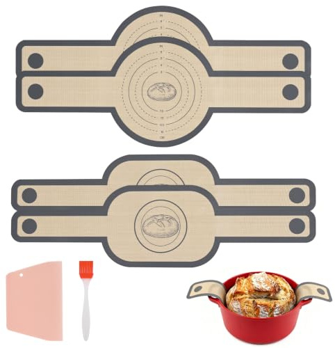 4 st silikon bakmatta för Dutch Oven, brödremsa med långa handtag, återanvändbar bakmatta med degskrapa och pensel, lätt att rengöra, för brödgryta ugn