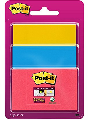 Post-it Super Sticky Notes, 135 Sheets, Pack of 3 Pads - Holds Strong to Many Surfaces - Assorted Colours - for Walls, Monitors and Fridge, Recycable