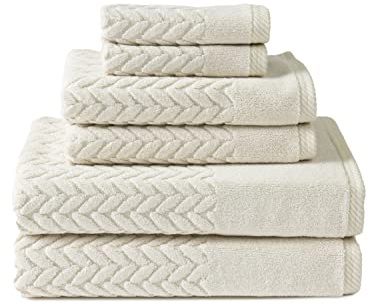 Texere 100% Organic Cotton Jacquard 650 GSM Premium Bath Towel Sets - Extra Absorbent Quick Dry and Plush, 2 Large Bath Towels, 2 Hand Towels, 2 Washcloths (Cable, Birch, 6 Piece)