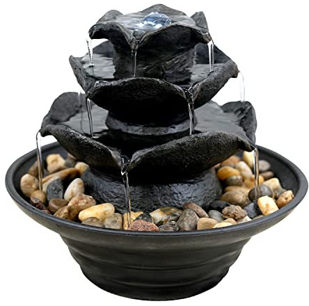 GEEZY Indoor Water Fountain - Waterfall Design Water Feature with LED Lights - Mains Powered & Self-Contained, Table Top, Relaxing & Tranquil - Perfect for Home, Living Room, Office Decor