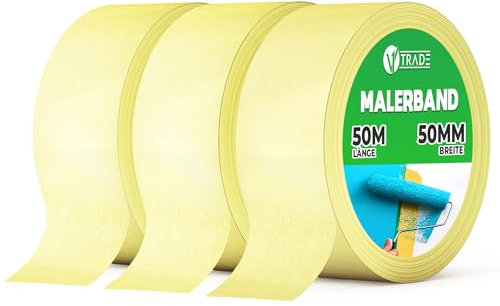 V1 TRADE Ruban Masquage Peinture - Ruban Crêpe 50mm x 50m 3 pièces - Imperméable Bande Cache Peinture - pour Peintres, Artistes et Designers – Sans Trace - n'endommage pas la Surface