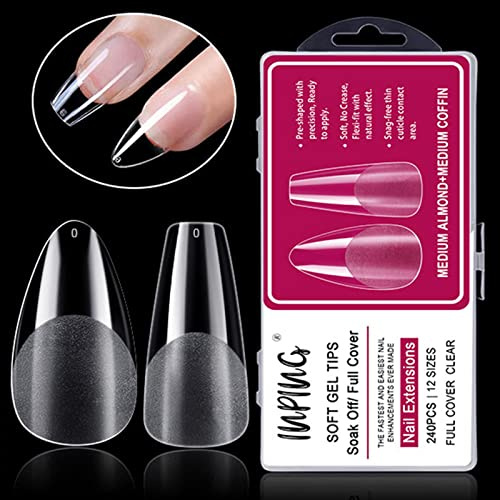 INPING Mix Gel Nail Tips, 240PCS Medium Almond + Coffin Clear Soft Gel Tips Half Full Cover Nail Extensions Break Resistant Pre-Buff False Press for Women Manicure Kit, 12 SIZES