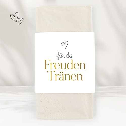 50 Freudentränen Taschentücher Banderolen inkl. Klebepunkte für deine Hochzeit | Herz gold - Premium Tränentaschentücher Banderolen Set für Hochzeit, Kirche, Feier, Taufe, Geburtstag