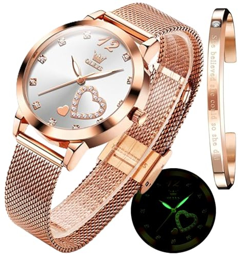 OLEVS Conjunto de Regalos de Relojes Femeninos con Pulsera Rosa Oro Dama Minimalista, Simple, Ligero y Casual simulación de Relojes de Cuarzo Impermeables y Bicolor