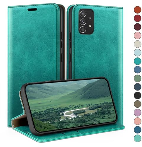 HUOUH für Samsung Galaxy A52/A52S Hülle mit RFID Schutzhülle aus Lederhülle Handyhülle,360 Grad Schutz Case,Kartenfach Leder ständer Handy hülle für Samsung A52 Klapphülle Wallet Cover Blaugrün