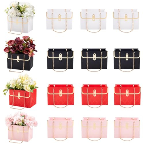 GORGECRAFT 12 Caja de Regalo de Papel de Flores de 4 Colores Caja de Bolso de Ramo Cubo de Almacenamiento Cesta de Embalaje Rectangular con Cadena de Metal Suministros de Floristería