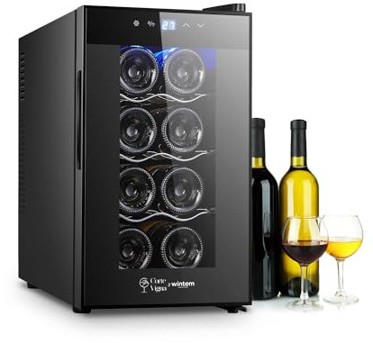 Avilia Cantinetta Frigo Silenziosa per Vini 8 Bottiglie 65W - Mini Frigo Termoelettrico con Display LED, Temperatura Regolabile 12-18°C, Auto Defrost - Cantinetta Vino Nera da 25L