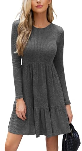 CUPSHE Vestido de otoño para mujer 2025, casual, cuello redondo, manga larga, de punto, con volantes, ajustado, de línea A, mini, suéter de primavera, Gris oscuro, S