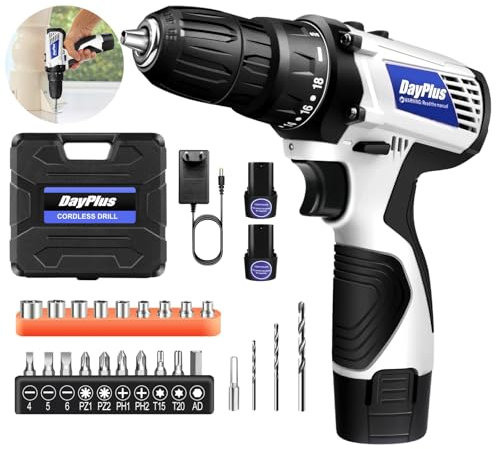 Perceuse Visseuse Sans Fil 12V,Tournevis électrique avec 2x1.5Ah Batteries et 23 Accessoires, mandrin 3/8 sans clé,2 Vitesses,18+1 Réglages de Couple, 45Nm, LED Light