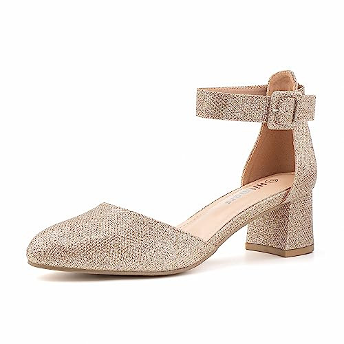 Hitmars Court Shoes for Women Ladies Mid Heel Sandals Strappy Pumps Elegant Pointed Toe Low Block Heel Sandals Wedding Party Prom Gold UK 6.5