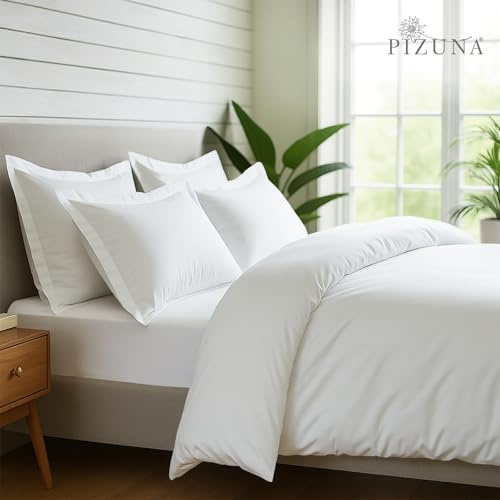 Pizuna Pure Combed Cotton Bedding Sets King Size, 600 Thread Count 100% Long Staple Cotton, Soft Sateen Duvet Cover with 2 Pillow Cases & 40 cm Deep Fitted Sheet - White, King