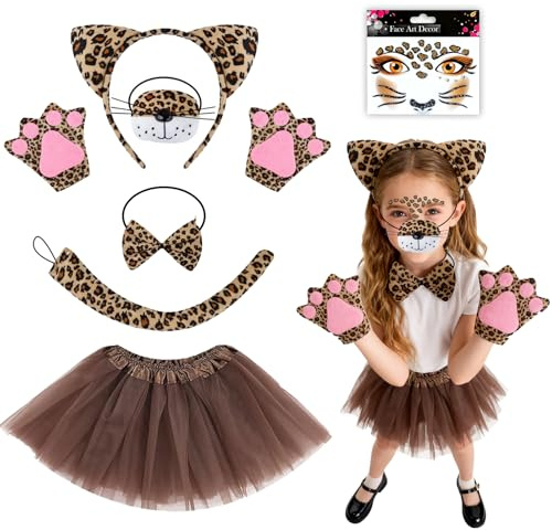 Costume de léopard 7 pièces avec tête de léopard autocollante, bandeau, nœud papillon, nez, jupe, gants, queue, déguisement d'animal chat pour enfants pour Halloween, carnaval, cosplay, Halloween