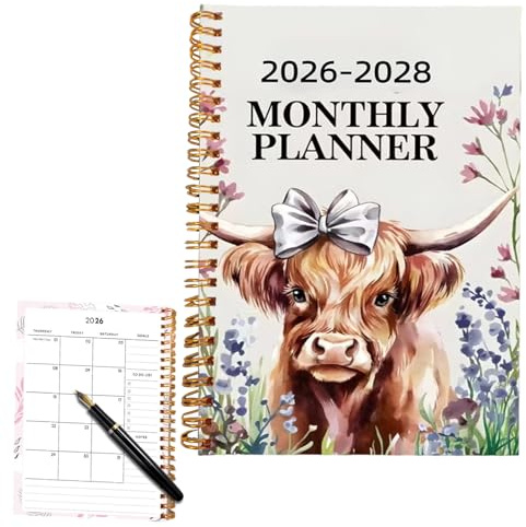 Planificador 2026-2028,Cincuenta Páginas Cinta Espiral Bloc de notas académico | Libro de notas del planificador mensual de patrón de vacas | Para Oficina, Escuela, Hogar, Vacaciones, Navidad Y