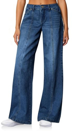 Cicy Bell Jean baggy pour femme, taille haute, jambe large, couture avant, pantalon en denim avec poches, bleu, 44