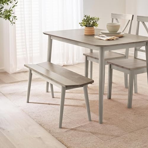Furniturebox UK Lynton Small Wooden Dining Bench, 95cm, wash Paint and Grey Stain Finish, Wood Kitchen 2 Seater Stool, Warm Fresh Modern Meets Traditional Farmhouse Dining Furniture, White