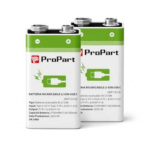 2 Pezzi Batterie 9V Ricaricabili al Litio USB-C 1,5V 3700mWh – Pile Ricaricabili Batterie 9V ricarica fino a 1500 volte – con Cavo di Ricarica Tipo C, 1-A-2
