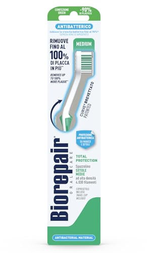Biorepair, Spazzolino Denti Total Protection, Antibatterico, Clinicamente Testato, con Setole Medie, Forma Curva Brevettata, Inibisce la Crescita Batterica Fino al 90%, Rimuove Fino al 100% di Placca