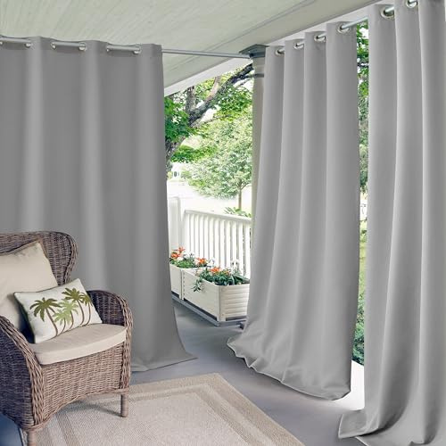 Elrene Home Fashions Connor Weatherproof Grommet Top Indoor/Outdoor Solid Color Curtain Panel for Porch, Pergola, Patio, Deck, 52”W x 108”L, Gray