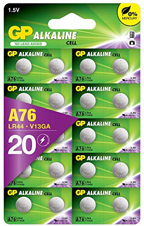 GP Extra LR44 Knopfzelle Alkaline, 20 Stück Batterien LR44 (AG13 / A76 / L1154f), 1,5V (Spannung 1,5 Volt) quecksilberfrei (Original Blisterverpackung, einzeln entnehmbar)