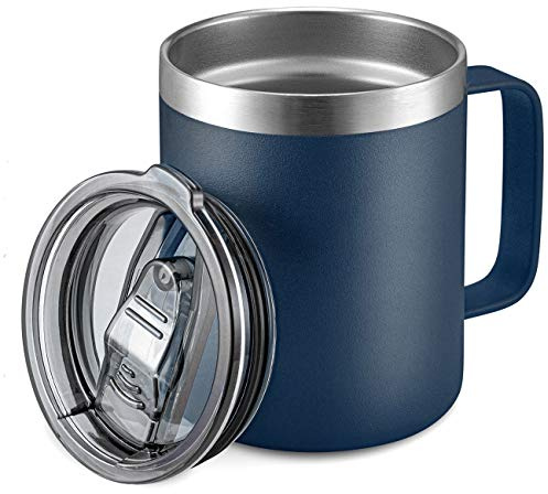 ALOUFEA 12oz Stainless Steel Insulated Coffee Mug with Handle, Double Wall Vacuum Travel Mug, Tumbler Cup with Sliding Lid, Navy