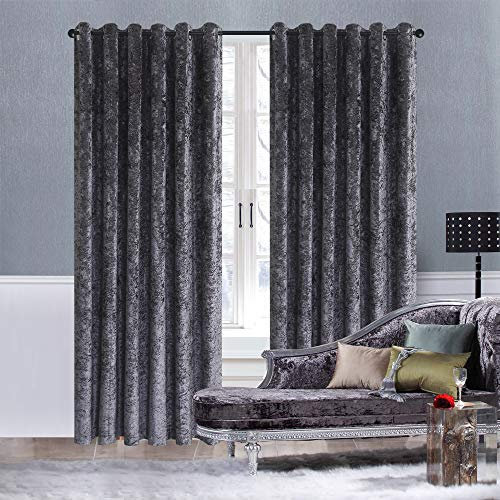 ZIMEL HOMES Crushed Velvet Readymade Curtains Fully Lined With Eyelet Header Ring Top Silver Charcoal Blush Pink Purple (Charcoal Grey, 46 x 72)