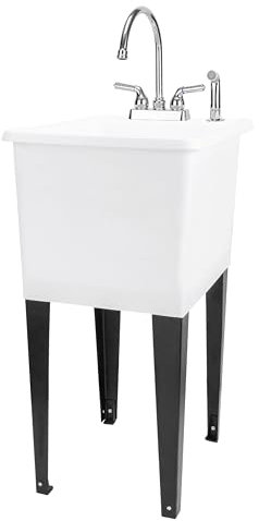 White Space Saver Utility Sink by JS Jackson Supplies, Freestanding Tehila Space Saving Laundry Tub, Chrome Gooseneck Faucet with Side Sprayer