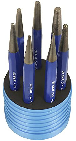 S&R Juego de Punzones Centrales de 7 piezas: 1/2/3/4/5/6 mm - Perforadores de acero Cr-V templado en caja sólida y acolchada