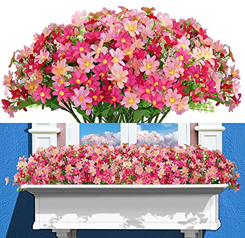 12 Bundles Artificial Fake Flowers for Outdoor Decoration,UV Resistant Faux Plastic Fabric Greenery Shrubs Plants Fake Flowers Hanging Planter Kitchen Home Wedding Office Garden Decor(Pink)