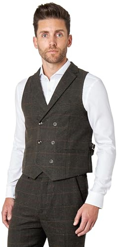 Xposed JUDE Mens Gatsby Tweed Check Waistcoat Classic Double Breasted Collars Retro Tailored Fit [CWDB-JUDE-GREEN-42]