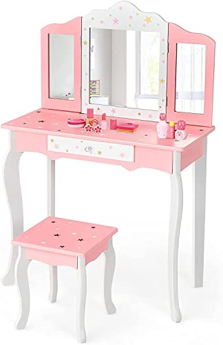 HONEY JOY Kids Vanity, Wooden Princess Makeup Dressing Table with Stool & Drawer, Tri-Folding Mirror, Detachable Top, Toddler Pretend Play Vanity Set for Little Girls (Pink)