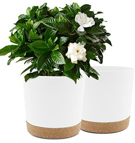 QCQHDU Bumentöpfe 2er Pack 25.4cm,Bumentöpfe für Zimmerpflanzen mit Entwässerungslöchern und abnehmbarem Boden,Untersetzer Modern Dekorativ für Garten Pflanzgefäße(Weiß 25.4cm