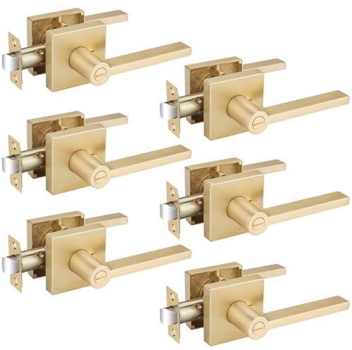 EHOMEWARE 6 Pack Gold Door Handles, Satin Brass Door Knobs Interior Privacy Function Without Keys, Bedroom Bathroom Door Levers Interior for Left or Right Handed Doors, Gold Modern Door Levers