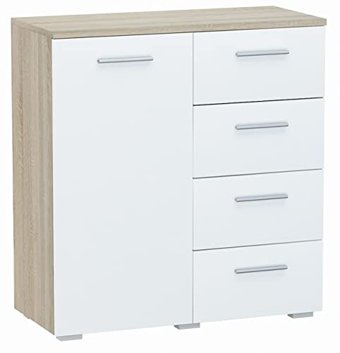 MATKAM Byrå Helena B 80 x H 84,5 x D 35 cm, skänk med 4 lådor och 1 fack med dörrar, perfekt för kontor, hall, vardagsrum, ungdom eller barnrum (Sonoma-ek – front i vit)