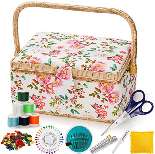 ZOOFOX Sewing Basket with Accessories, Wooden Storage Box with Removable Tray, Vintage Sewing Kit Carrying Bag for Mending, Beginner & Professional, Floral Print