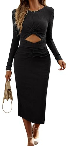 RPAEOY Vestido Mujer Sexy de Fiesta Manga Larga Bodycon Elegante Recorte Vestidos Abertura Slim Fit Vestido de Cóctel Dress para Fiesta Club Noche Otoño Negro S