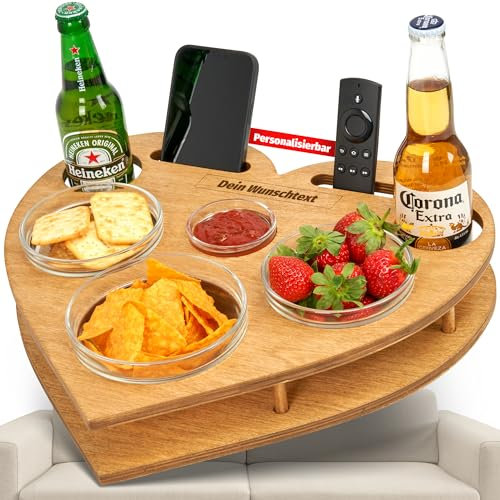 Couchbar Herz 1.0 mit 4 Glasschalen | handgefertigt | Holz | Personalisierbar | Snackbar | Sofabutler | Sofa Tablett | Snackbox | Bettbar Sofa Tablett | Organizer