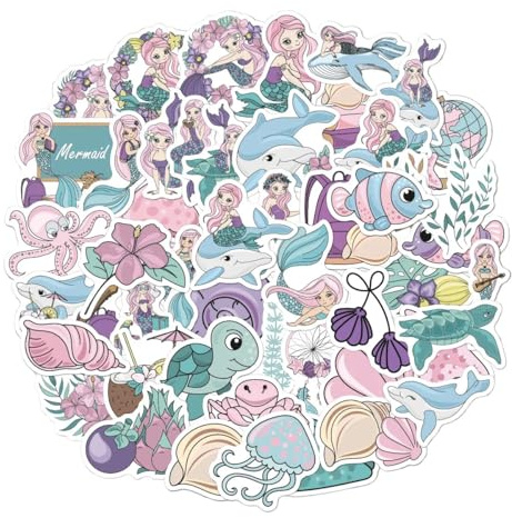 HNTR® Mermaid Stickers | 50 Pastel Ocean Stickers | Perfect for Journals & Mermaid Birthday Decorations