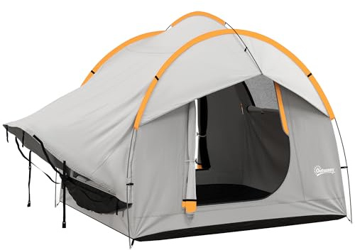 Outsunny Tenda per Auto Impermeabile a 3 Porte con Finestra in Rete, Tenda da Esterno in Poliestere, PE e Fibra di Vetro, 2.4x2.1x2.1m, Grigio e Arancione