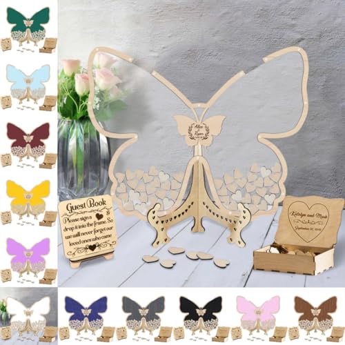 Libro degli Ospiti per Matrimonio con Farfalla, Personalizzabile, Libro degli Ospiti Alternativo, Libro degli Ospiti per ricevimenti di Nozze con 30-100 Cuori in Legno per Decorazioni di Nozze,