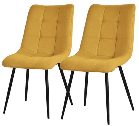 ML-Design matsalsstolar set om 2 senapsgula vardags stolar med textilöverdrag svarta metallben köksstolar med ryggstöd stoppade sittmöbler för matrum vardagsrum kök och kontor stannade fåtöljer