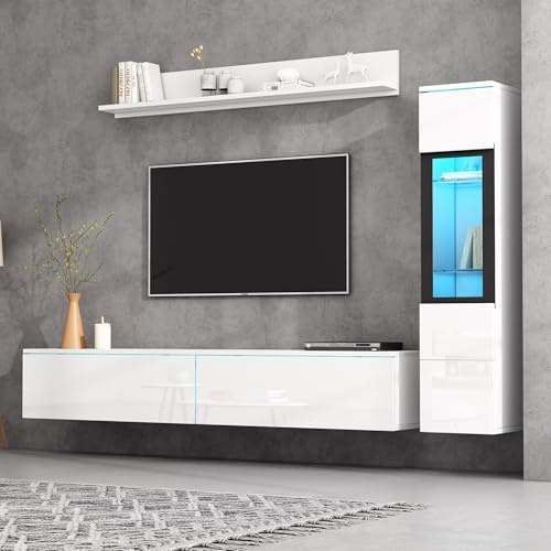 GYNGTLC Set da parete per TV, 3 pezzi, illuminazione a LED, bianco lucido, set di mobili da soggiorno, parete frontale bianca, 1 armadio TV, 1 vetrina per soggiorno, 1 mensola sospesa (bianco+tavola