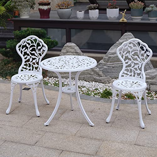 TangXiaoQi Garden Furniture Set 3-Piece Aluminium Casting Tavern Set, White, 2 Chairs with Ornamental Design and 1 Table, for Balcony and Patio (Leaf White)