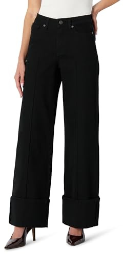 Amazon Essentials Jean Taille Haute à Jambes Larges et Revers Femme, Noir, 48