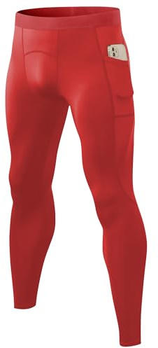 Yuerlian Red Mens Gym Compression Legging Sports Running Base Layer Tights Quick Dry Breathable Training Pants for Athletic Walking Yoga with Pockets