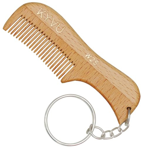 KYVU W25 Peigne à moustache et barbe avec porte-clés – Peigne de poche fait à la main pour homme – 7,5 cm – Bois de hêtre – Finition naturelle – Design facile à transporter